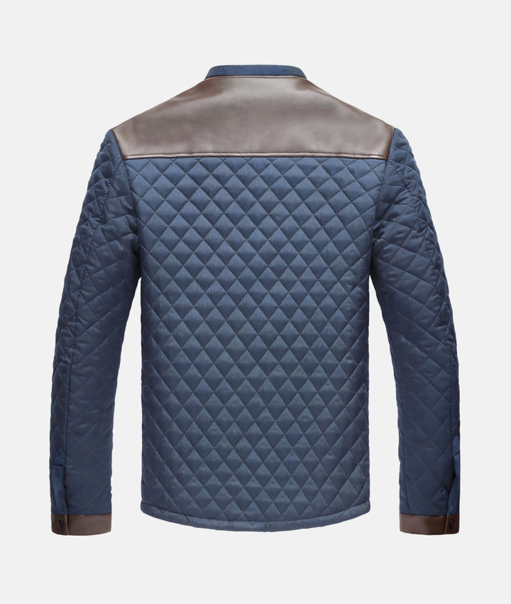 Comfortable men's quilted navy jacket with button closure, a stylish layering piece for fall.