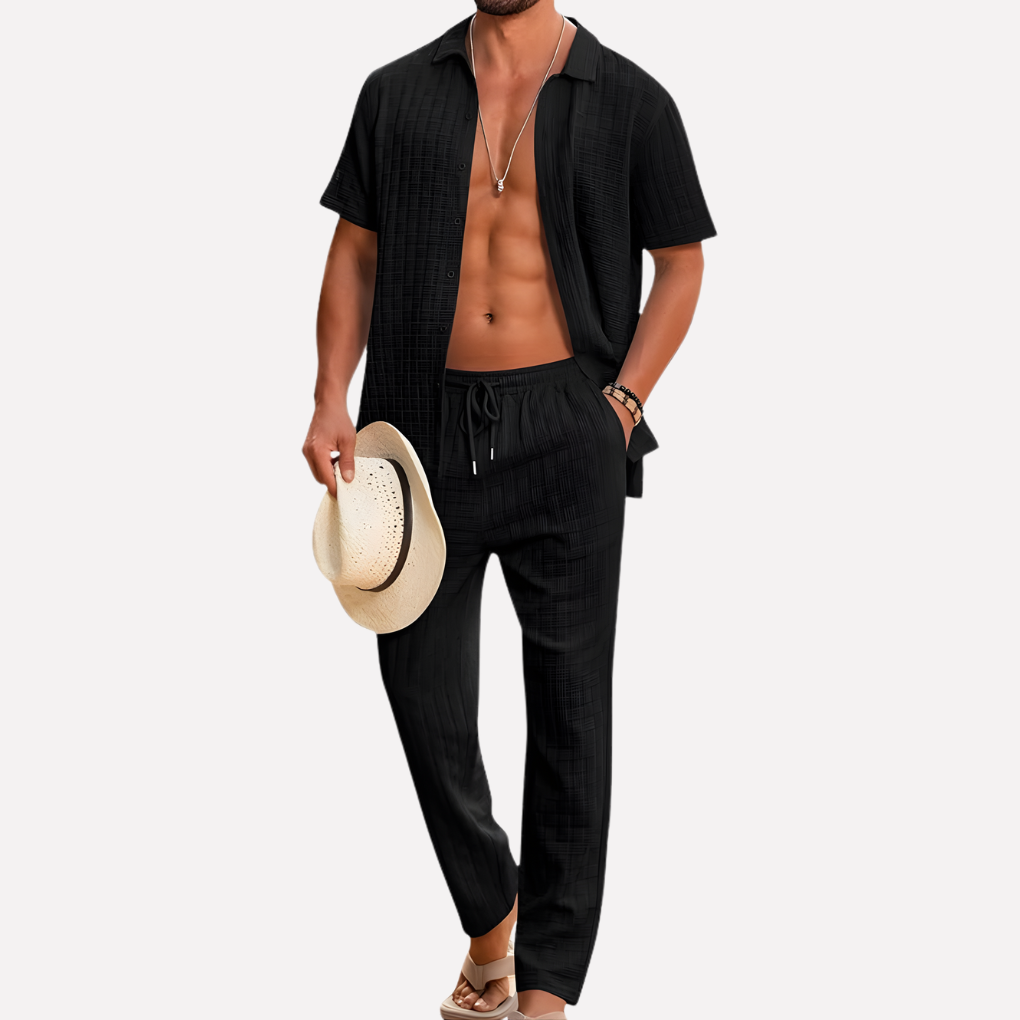Lightweight men's textured shirt and relaxed trousers for ultimate summer comfort & style.