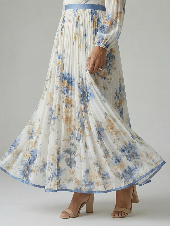 Elegant white floral pleated wrap midi dress for women, offering a comfortable fit with long sleeves and a stylish V-neck design.