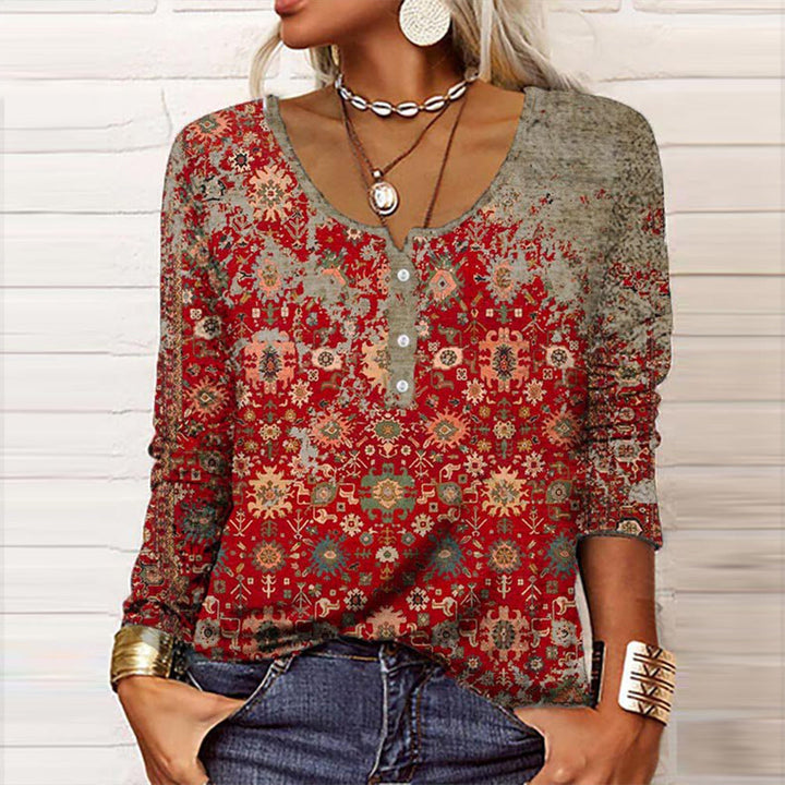 Women's vintage floral print long sleeve V-neck top. Elegant spring/fall casual wear.