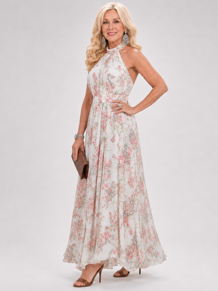 Detailed view of a beautiful floral print halter neck midi dress, versatile women's occasion wear.