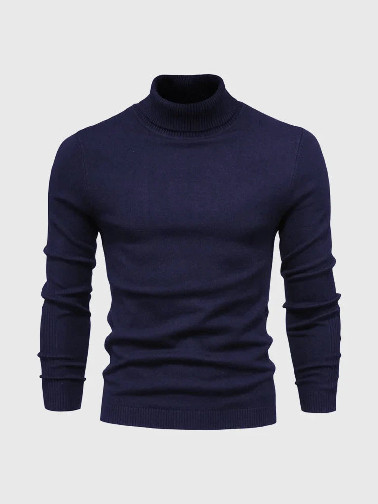 Close-up of the soft knit on a men's classic turtleneck sweater.