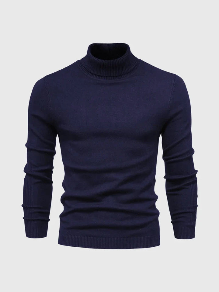 Close-up of the soft knit on a men's classic turtleneck sweater.