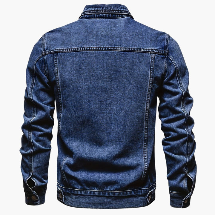 Black denim slim-fit men's jacket. Casual, modern men's outerwear, ideal for everyday fashion & comfort.