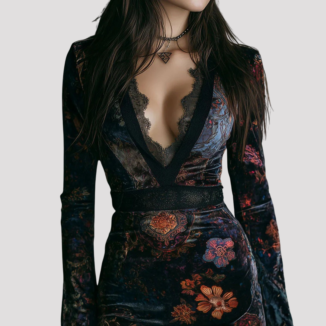 Bohemian chic women's floral mini party dress with elegant lace detail around the neckline.