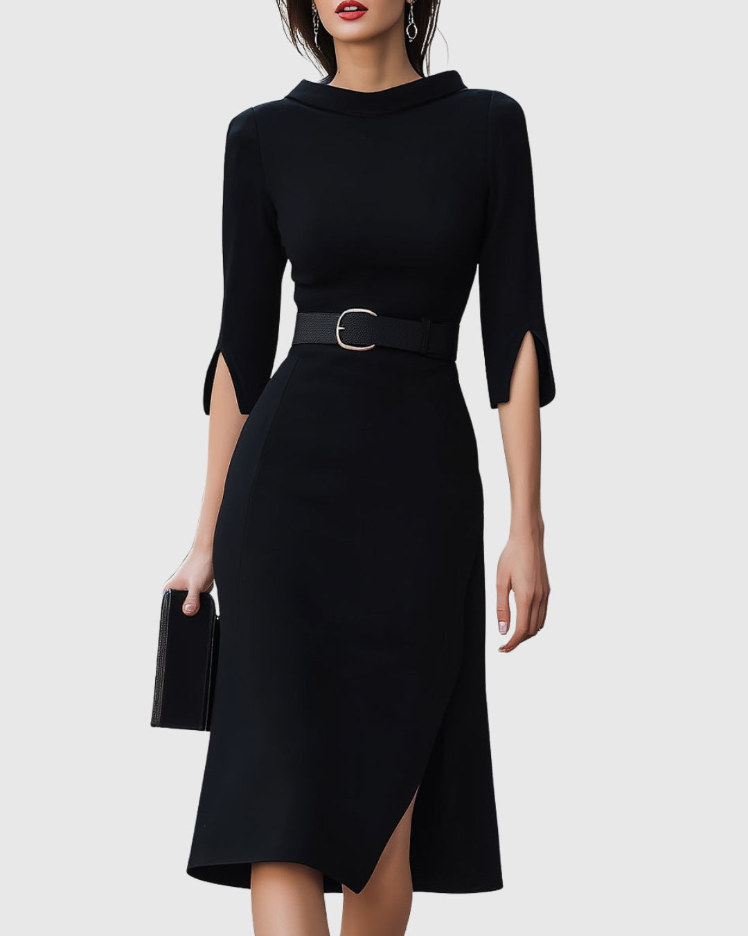 Women's classic black midi dress, perfect for elegant office attire, cocktail parties, or sophisticated evening wear.
