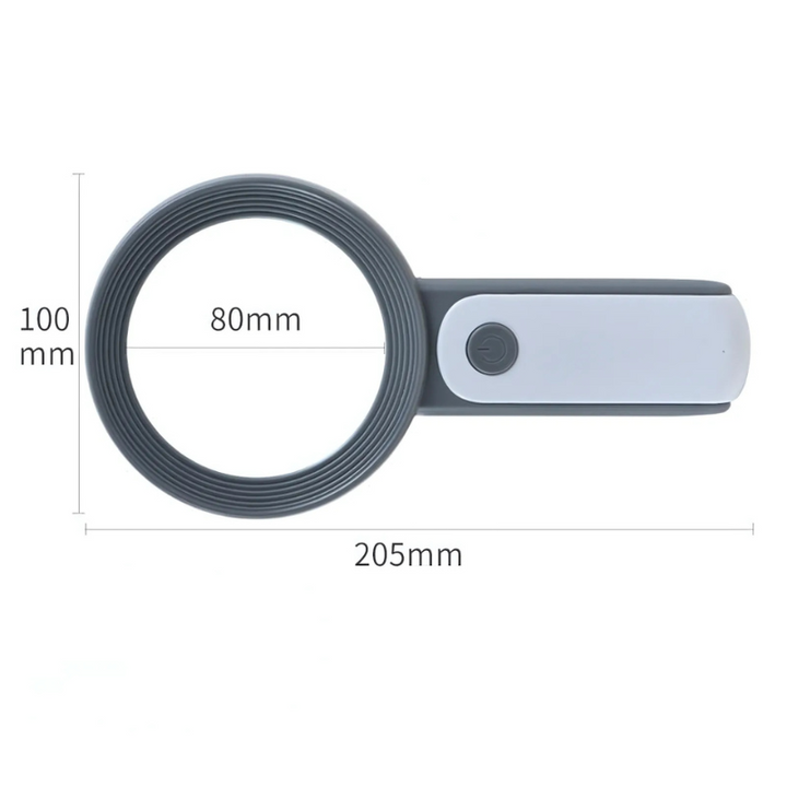 Ergonomic LED magnifying glass with adjustable bright light for comfortable reading of books & labels.