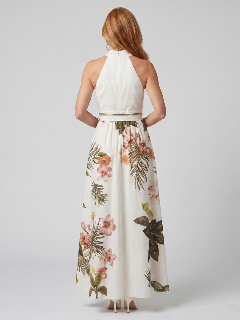 White women's halter maxi dress, a comfortable & elegant sleeveless summer dress with beautiful draping.