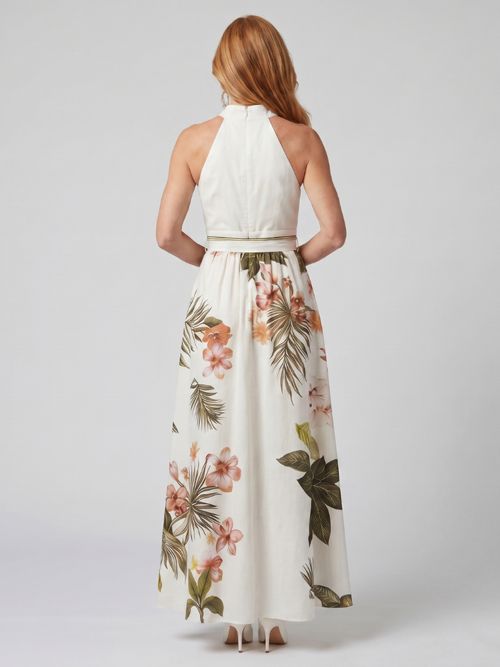 White women's halter maxi dress, a comfortable & elegant sleeveless summer dress with beautiful draping.