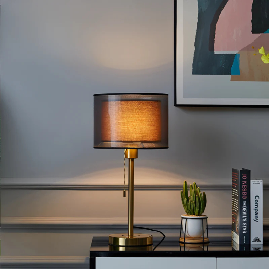 Chic vintage table lamp for home decor, featuring a double fabric shade & warm ambient LED light, perfect for bedrooms.