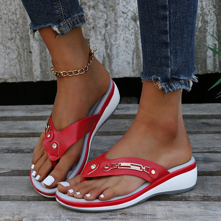 Close-up of a women's comfort sandal, highlighting the soft padding and stylish, versatile design.