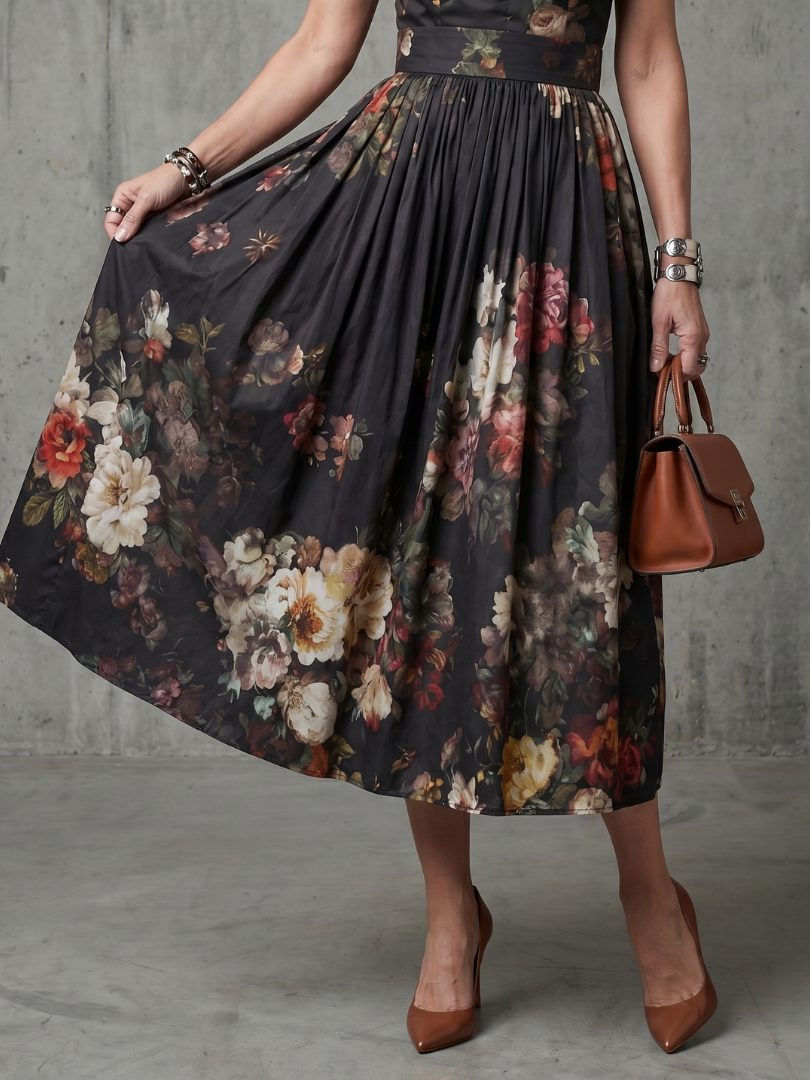 Women's summer floral pleated midi dress, black, with a chic high neck keyhole for formal events.
