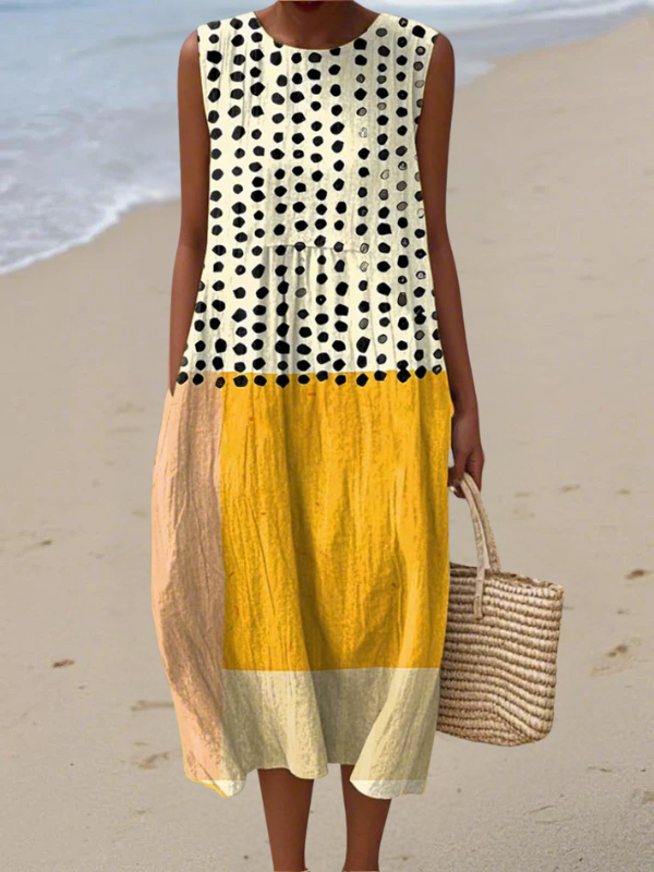 Elegant women's polka dot colorblock midi dress, perfect for spring/summer casual or day wear.