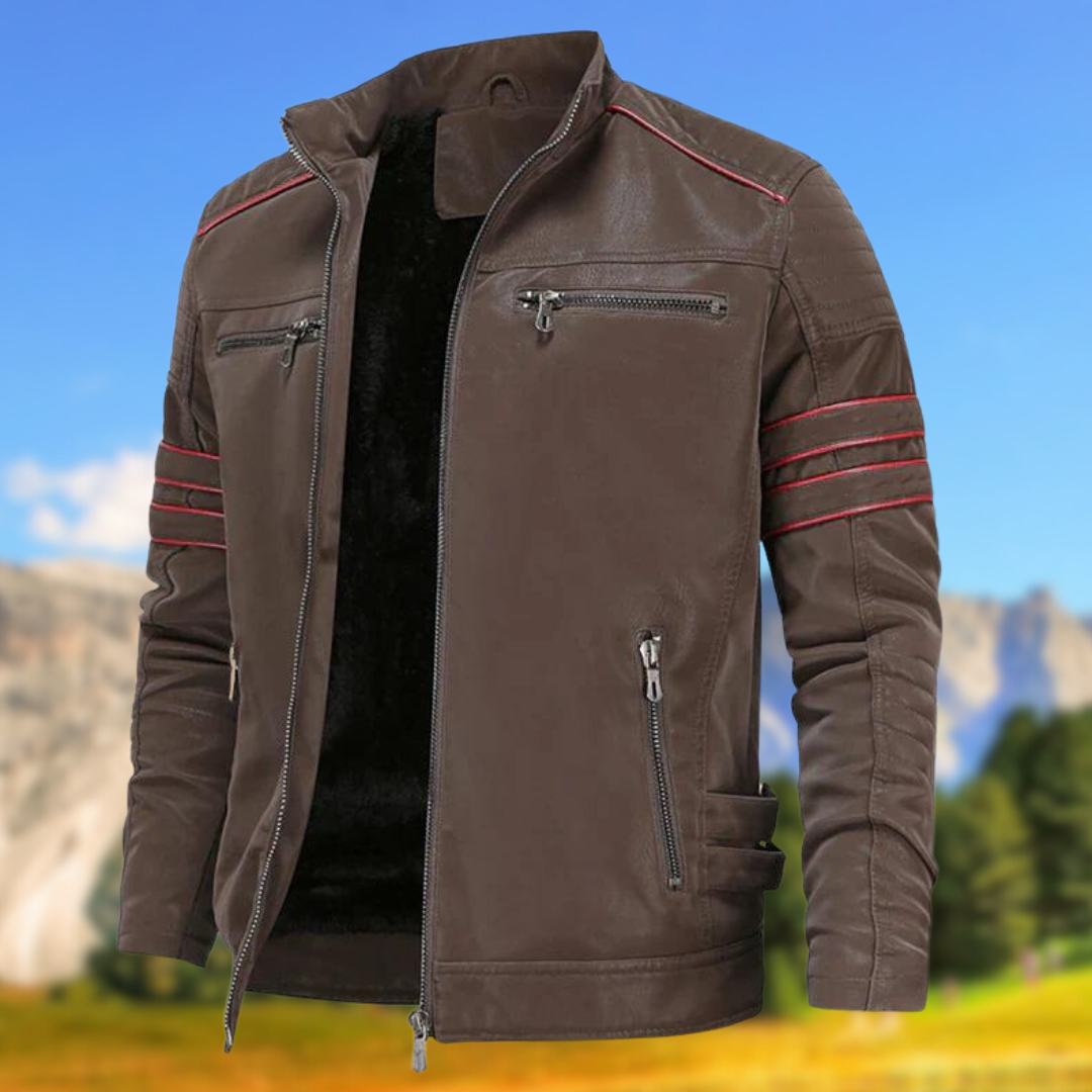 Close-up of a men's slim-fit casual jacket highlighting the unique accent stripes and stand collar.