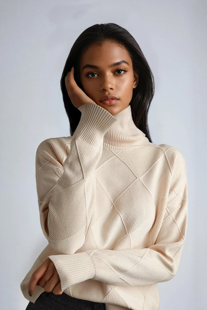 Women's Diamond Motif Turtleneck Sweater in cozy knit. Perfect for elegant winter fashion and fall outfits.