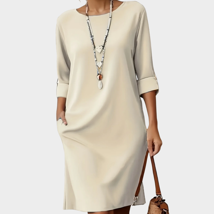 Soft & comfortable women's round neck midi dress, perfect for casual outings and everyday spring fashion.