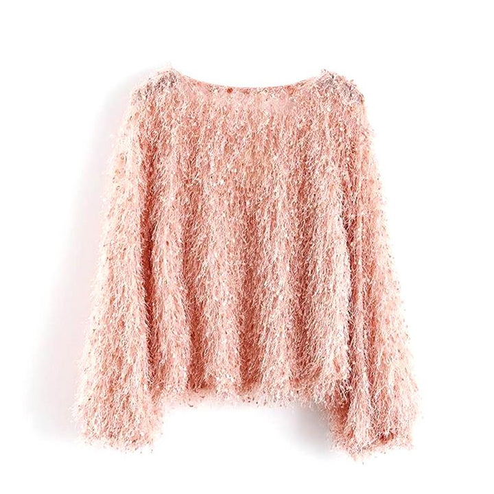 Luxurious women's plush round neck sweater, designed for maximum comfort and sophisticated casual style.