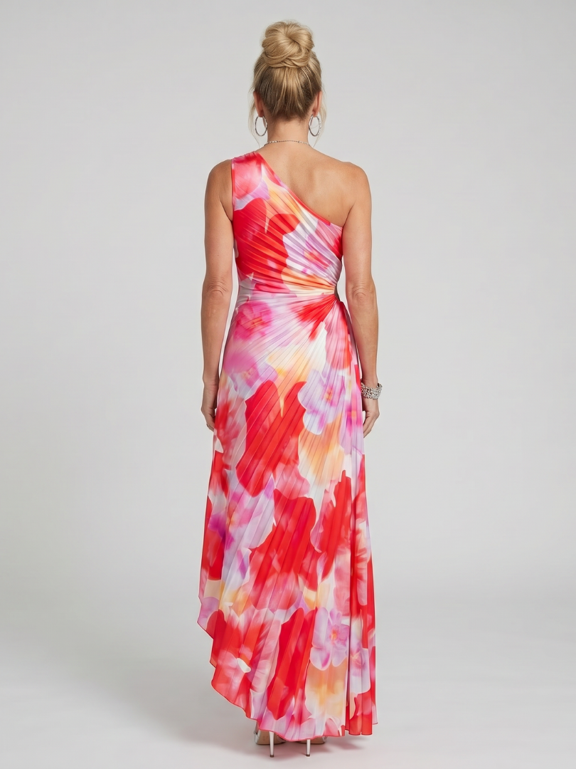 Women's elegant floral print one shoulder midi dress with graceful pleats, suitable for formal events.