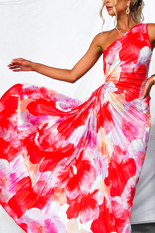Stylish women's one-shoulder pleated maxi dress with asymmetric hem. Great for summer, party, or vacation wear.