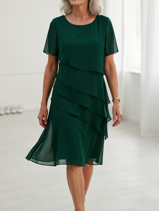 Versatile women's elegant ruffled midi dress, flowing silhouette makes it ideal for spring/summer occasions.