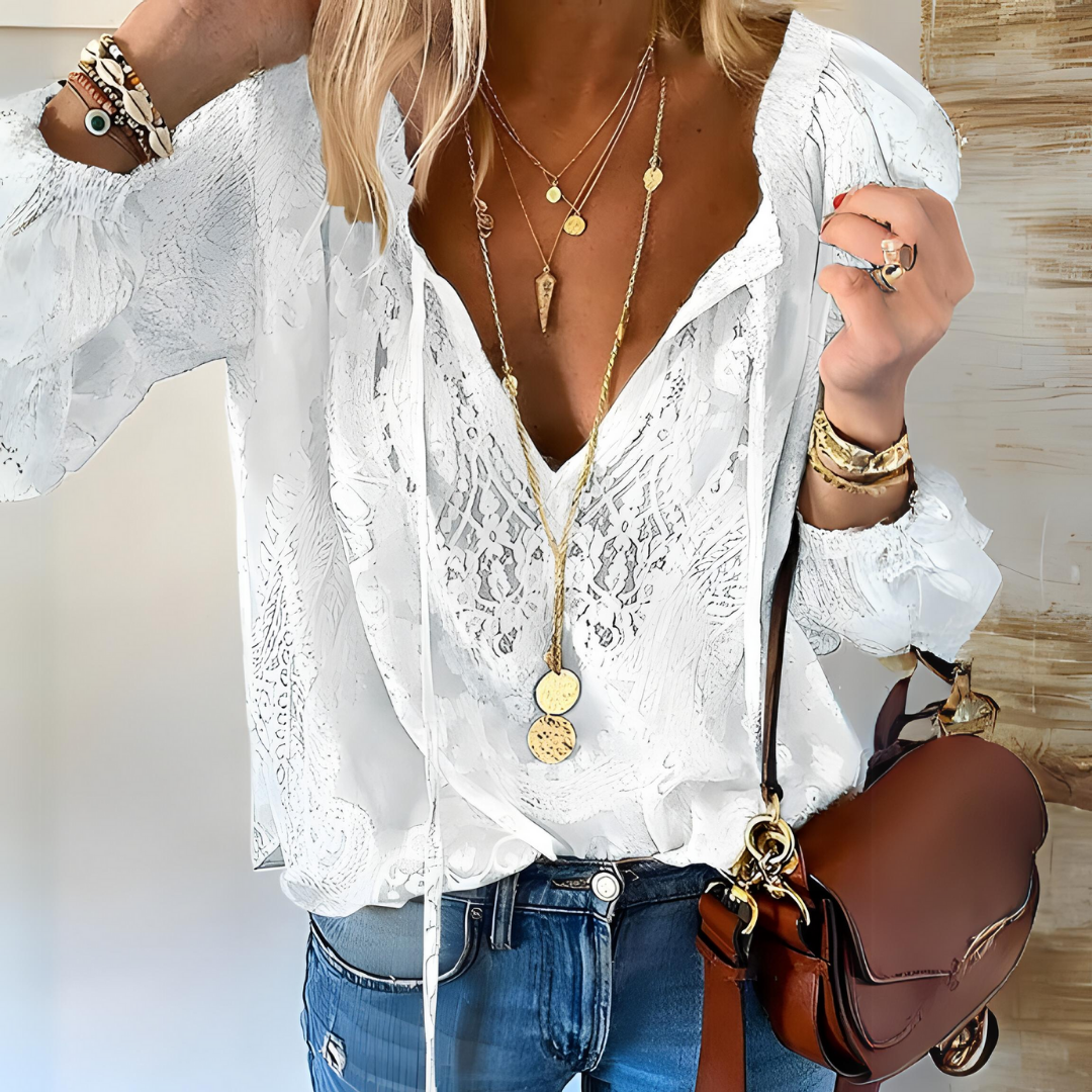 Chic women's boho top, versatile for casual wear or elegant occasions, featuring a unique cutout neckline.