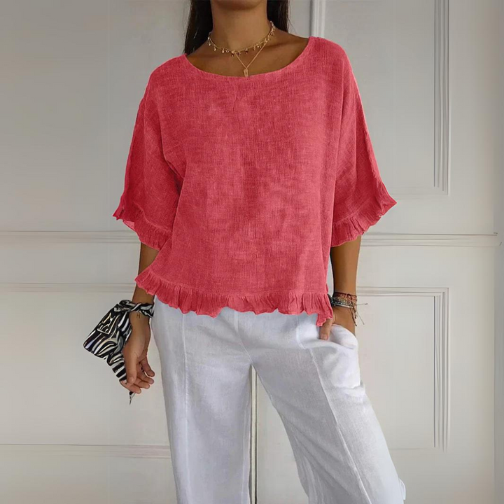 Classic long sleeve women's ruffle blouse, an elegant top for versatile fashion and summer ready style.