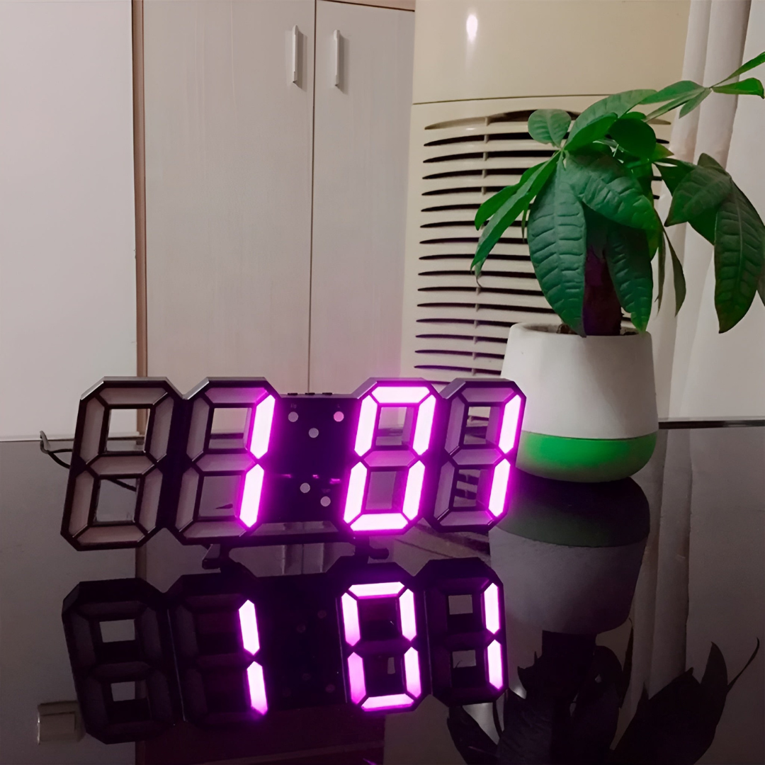 Striking futuristic LED wall clock, a minimalist digital display that elevates modern home office decor.