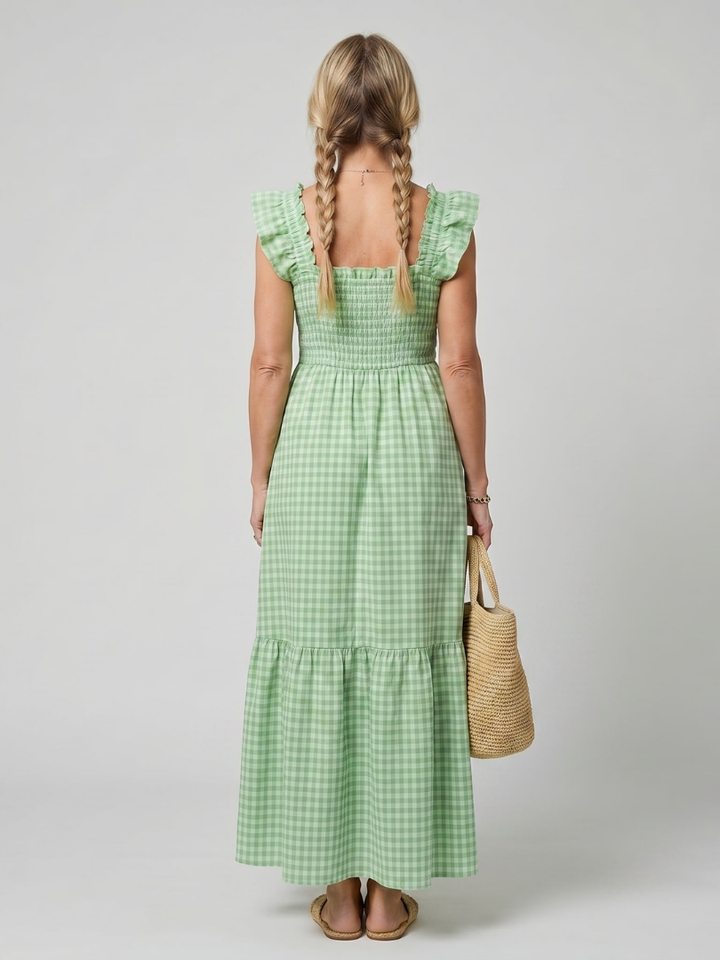 Comfortable women's smocked gingham midi dress, sleeveless, with a flattering square neck design.
