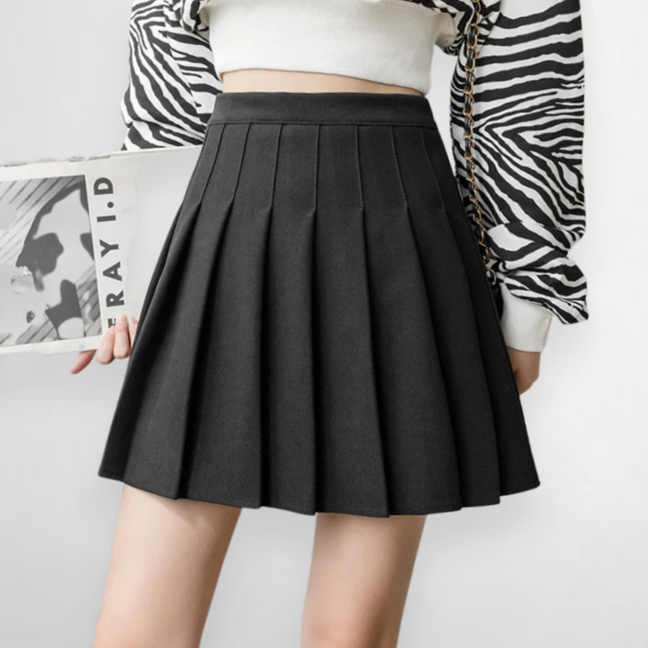 Stylish gray high waist pleated mini skirt for women, A-line silhouette, perfect for office or casual wear.
