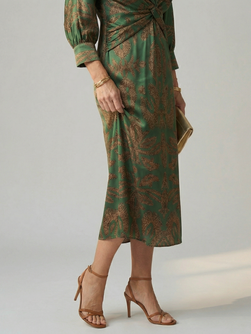 Casual elegant Women's Natural Wrap Midi Dress, long sleeve, soft natural fabric for women.