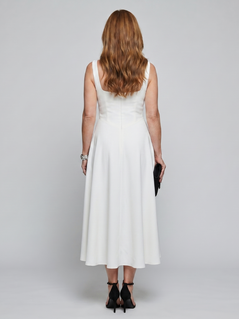 Burgundy women's sleeveless midi dress with a flattering square neck and a stylish flared silhouette.