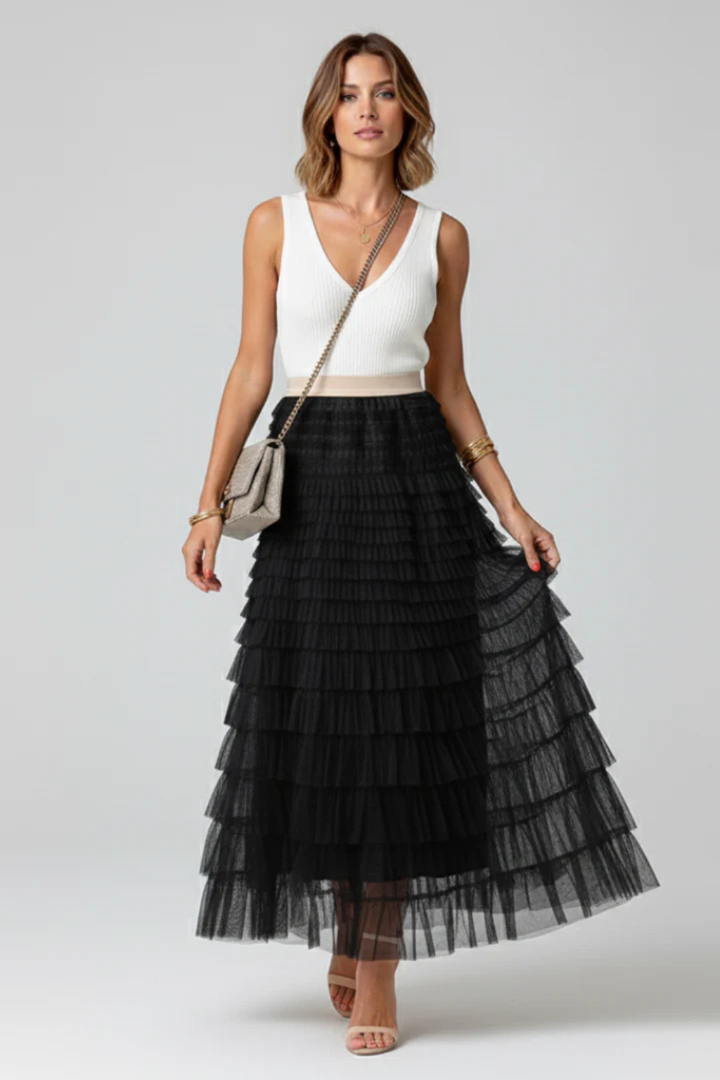 Sophisticated women's layered tiered midi skirt, a high-waisted design for elegant, versatile fashion.