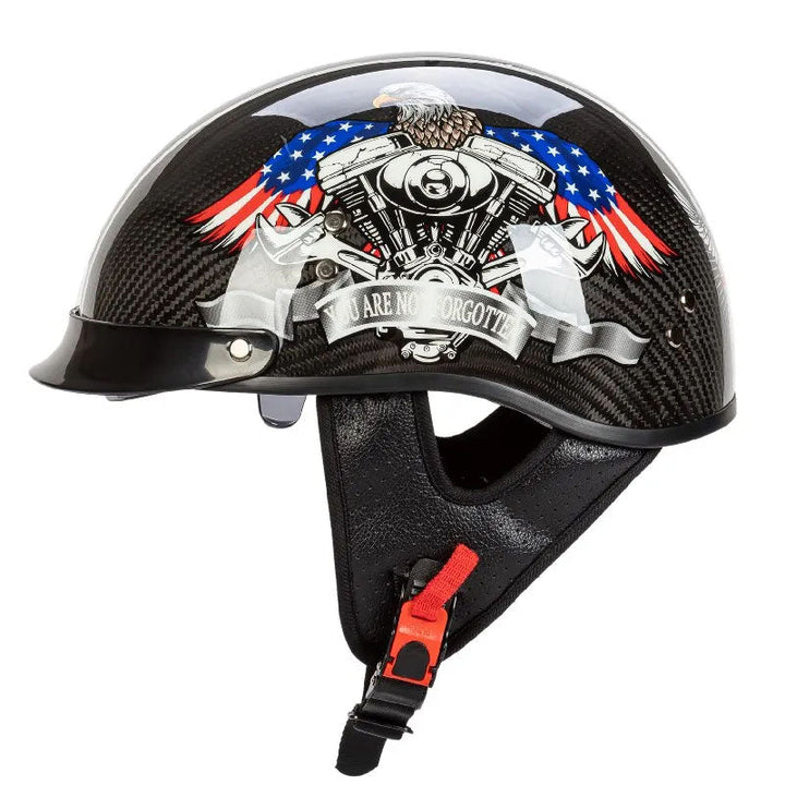 Biker's choice: retro half-face helmet with distinctive carbon look, combining vintage and protection.
