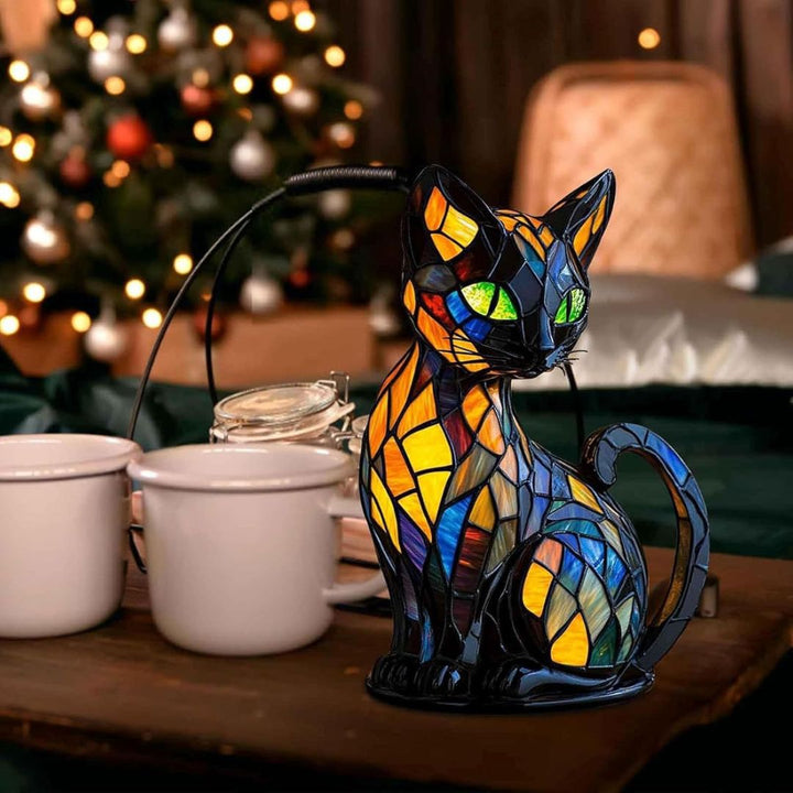 Elegant mosaic feline table lamp provides a cozy, warm ambient light, enhancing any room's home decor.