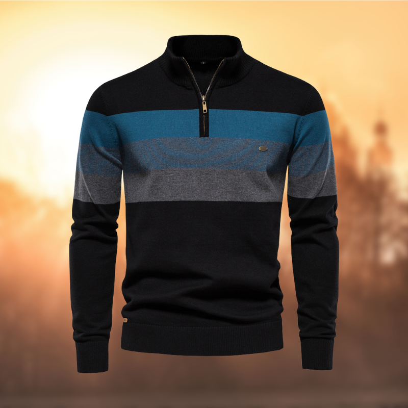Close-up of a men's striped quarter-zip sweater. A cozy long-sleeve pullover for a comfortable casual look.
