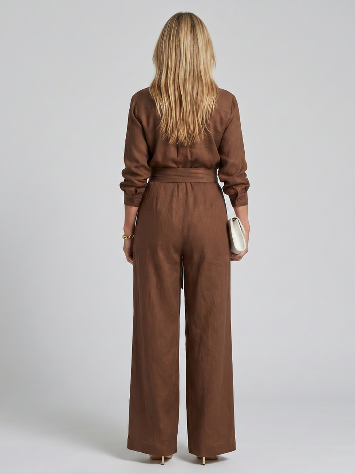 Khaki casual women's long sleeve wide leg jumpsuit, button front detail, comfortable.