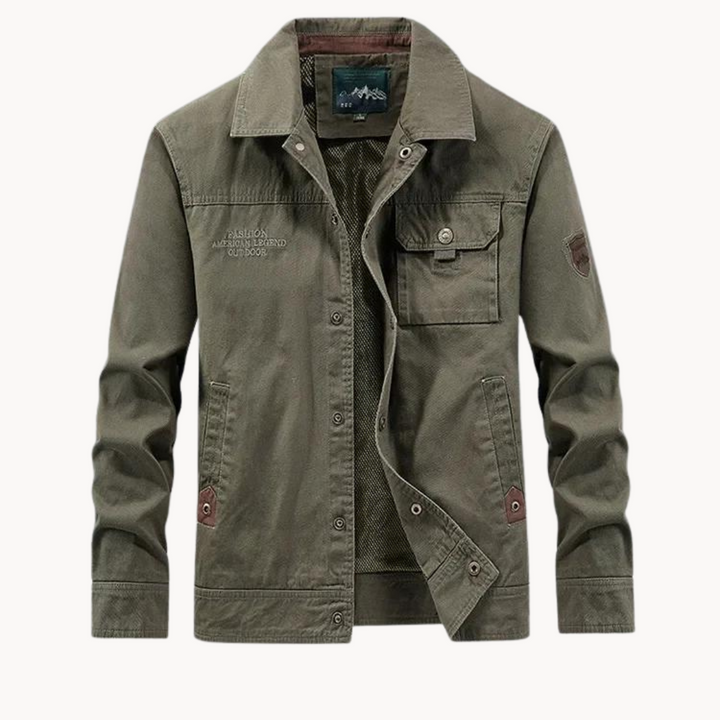 Durable men's casual cargo jacket, side view, perfect for fall & winter layering and outdoor activities.