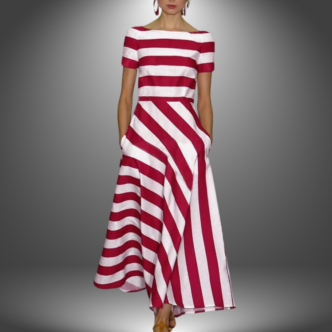 Casual blue striped A-line dress for women. Light & flowy with a boat neckline, short sleeves; ideal for summer.