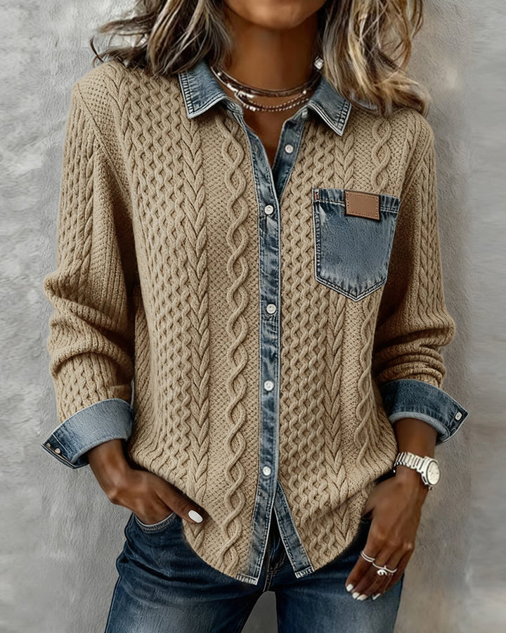 Fall fashion: Women's textured cable knit blouse. Elegant button-front, long-sleeve top, ideal for office wear.