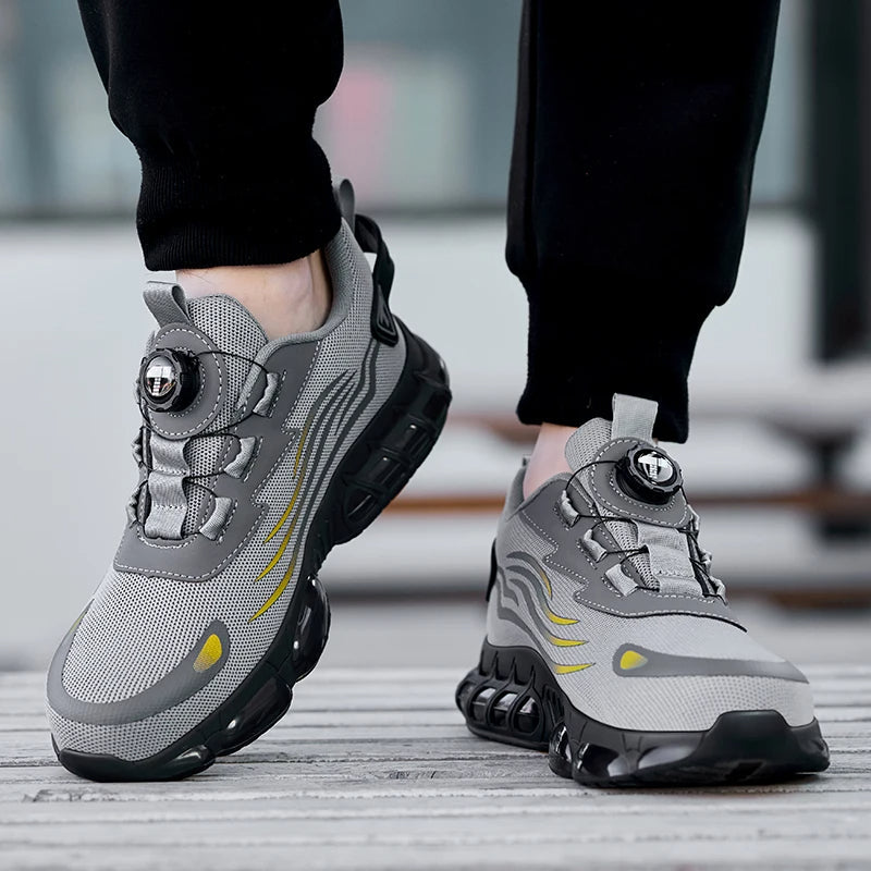 Protective men's work shoes: steel toe trainers with convenient dial fastening, ideal for active workwear.