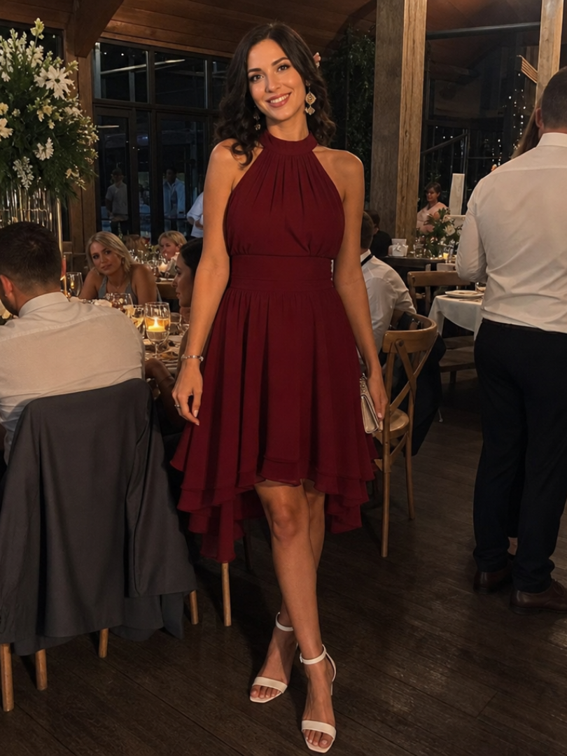 Relaxed fit women's halter neck dress, knee-length with a layered hem. Great for warm weather and summer style.