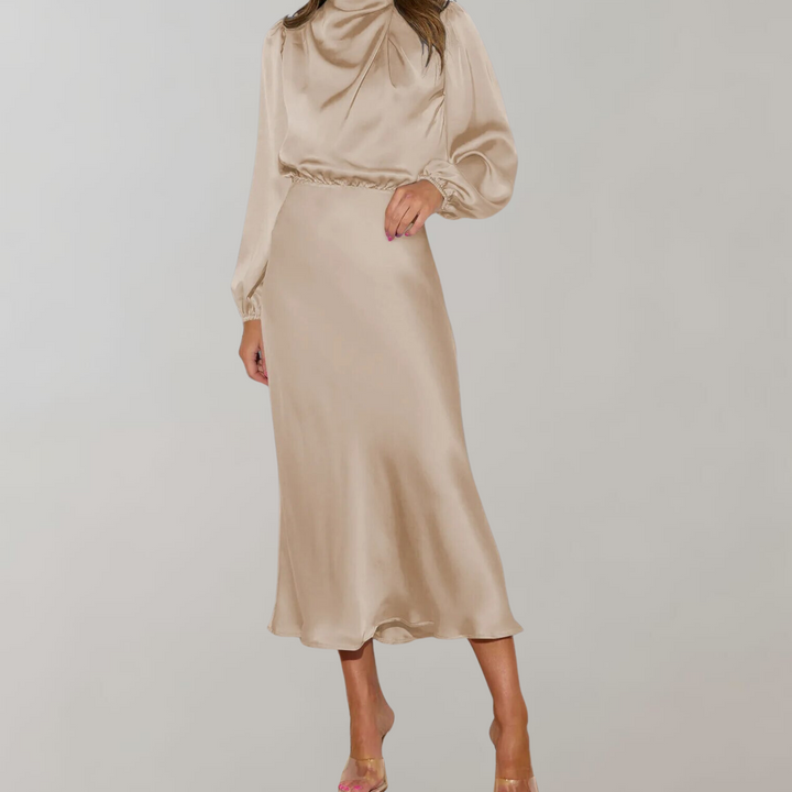 Versatile women's formal midi dress, featuring a high neck and long sleeves for a sophisticated evening look.