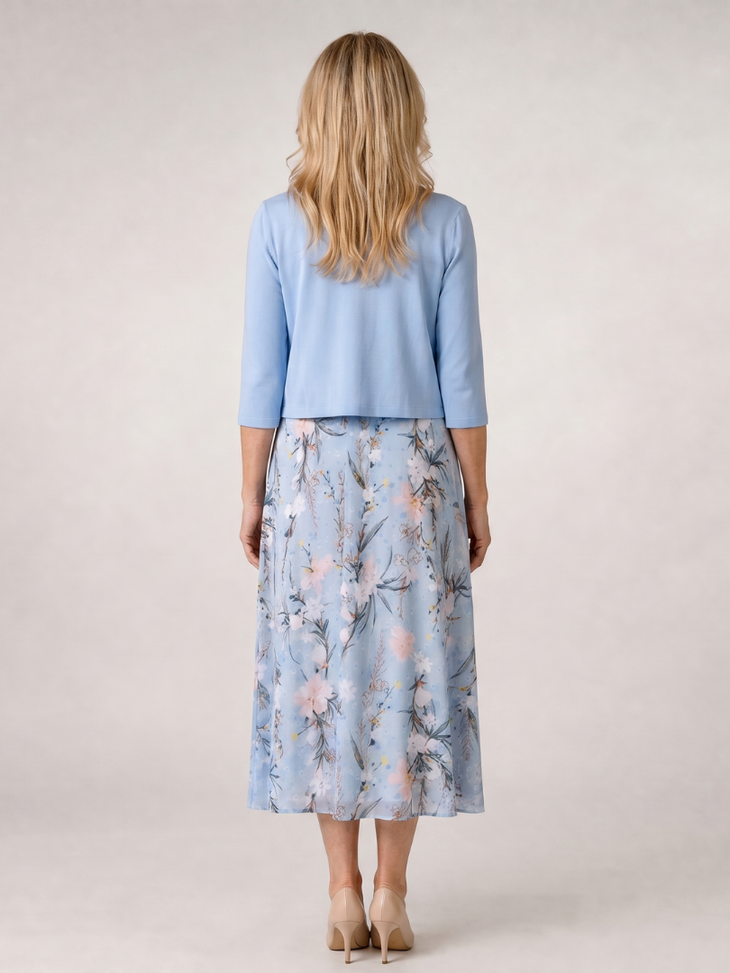 Comfortable women's two-piece set: floral midi dress & a chic cropped jacket. Great for elegant casual wear.