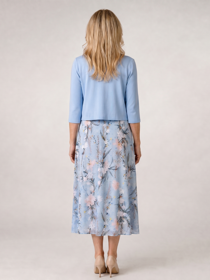 Comfortable women's two-piece set: floral midi dress & a chic cropped jacket. Great for elegant casual wear.