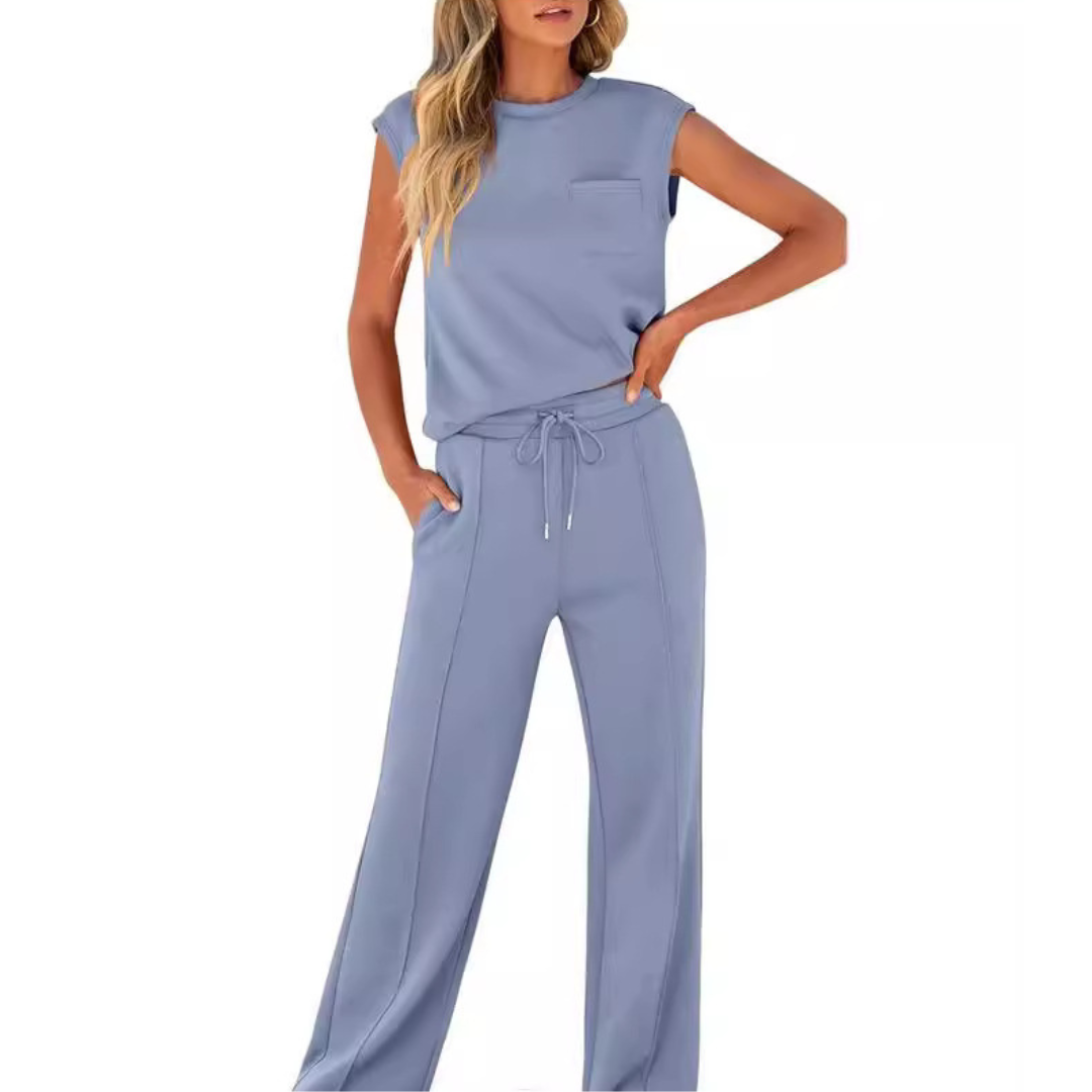 Women's casual summer lounge set with a soft top and matching shorts. Comfortable and stylish co-ord outfit.