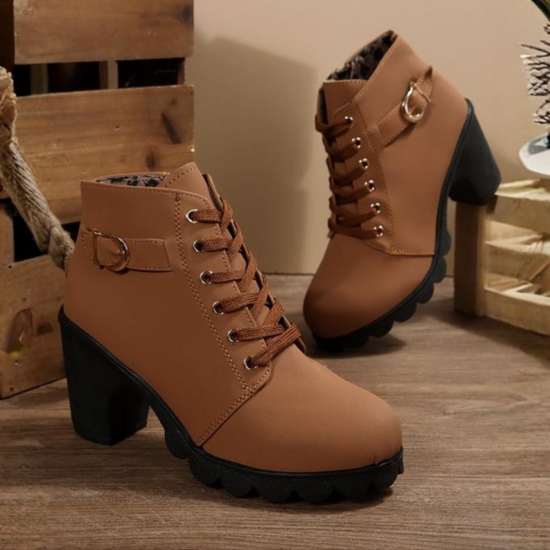 Women's lace-up ankle boots with block heel and side zipper, offering both style and ease for everyday fashion.