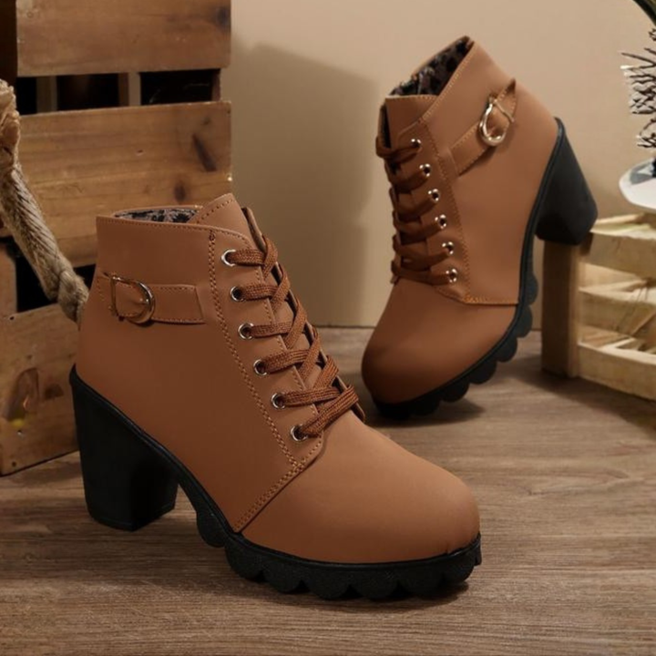 Women's lace-up ankle boots with block heel and side zipper, offering both style and ease for everyday fashion.