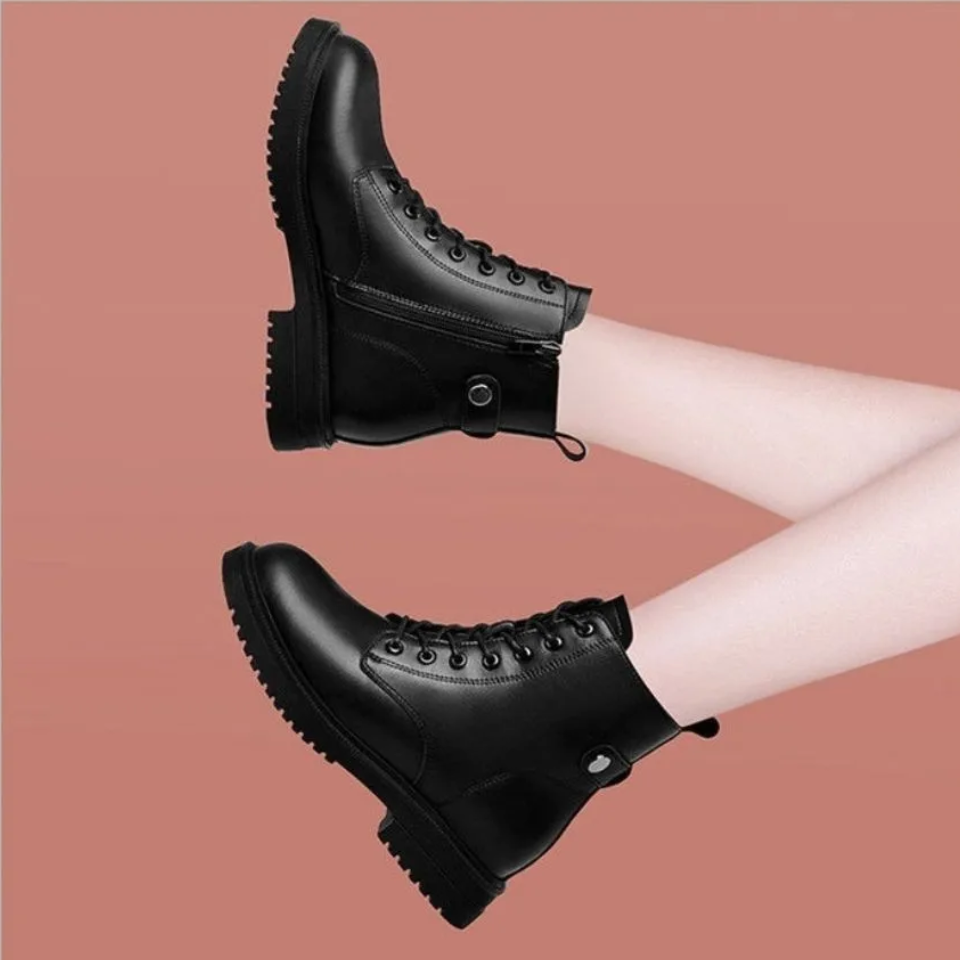 Stylish women's black lace-up ankle boots with zipper. Non-slip, comfortable, perfect versatile fall/winter footwear.