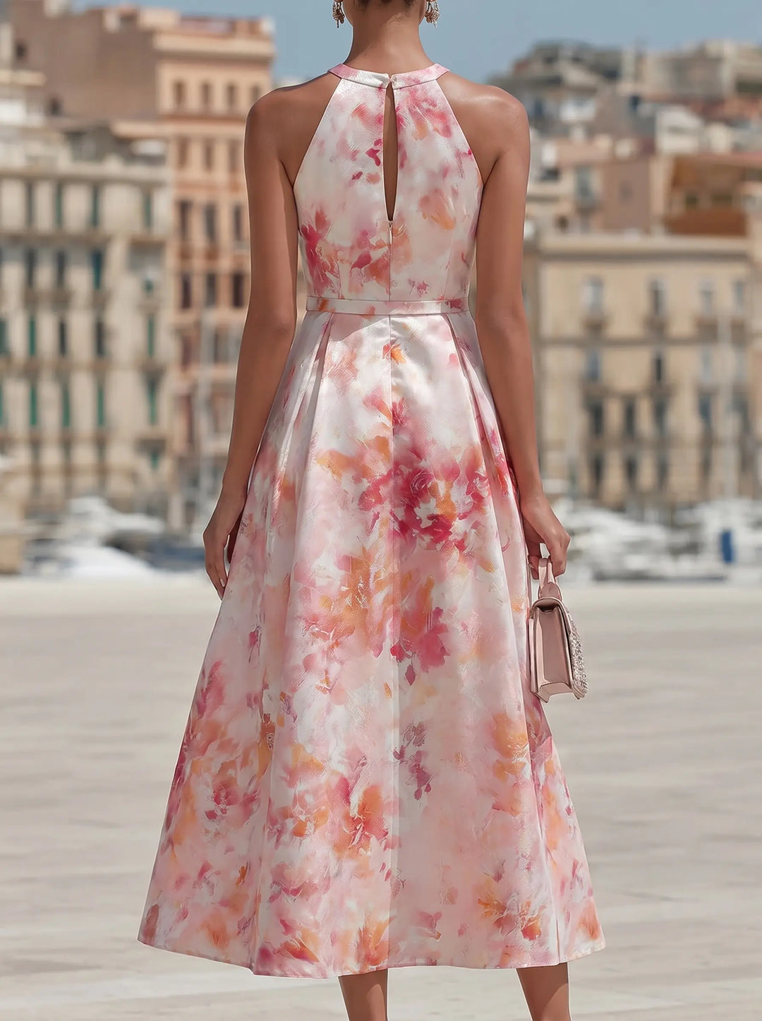 Pink watercolor floral midi dress for women, featuring a chic halter neckline and flowy, elegant design. Summer ready.