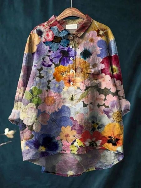 Close-up of buttons on a stylish floral long sleeve women's blouse, relaxed fit top.